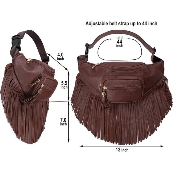 ? Women Brown Fringe Multi Zipper Pockets Trendy Style Casual Wear Waist bag
